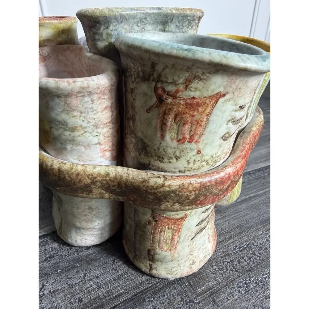 Handmade Studio Pottery Multi Vase Cluster Bud Vase Holder‎ Rustic Art Decor